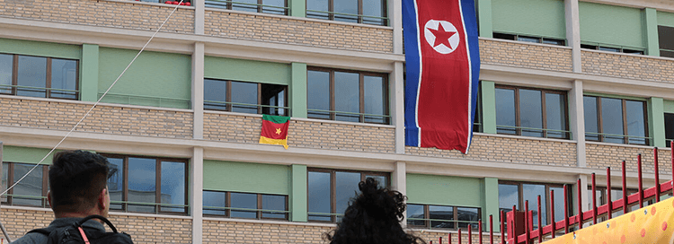건물에 걸려있는 북한 국기